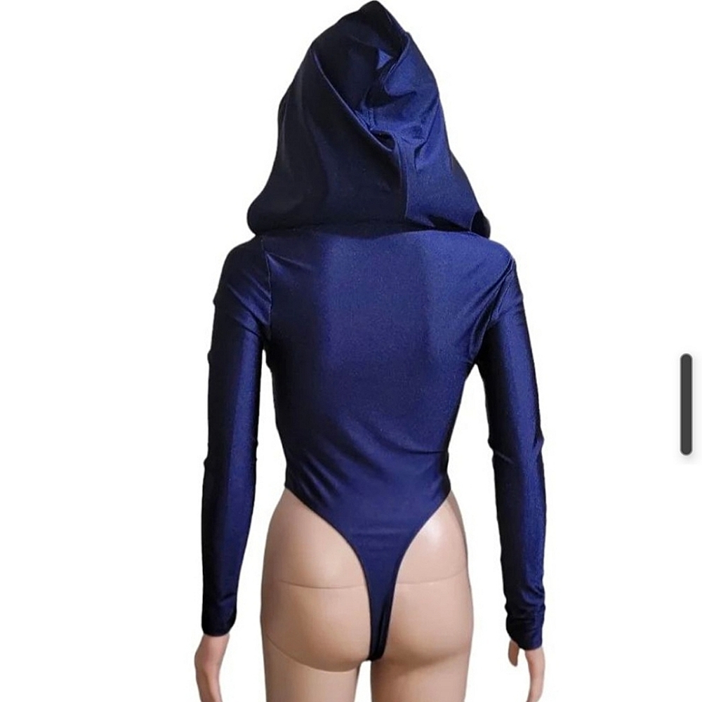 Navy blue, one-piece hooded thong swimsuit. - Picture 3 of 3